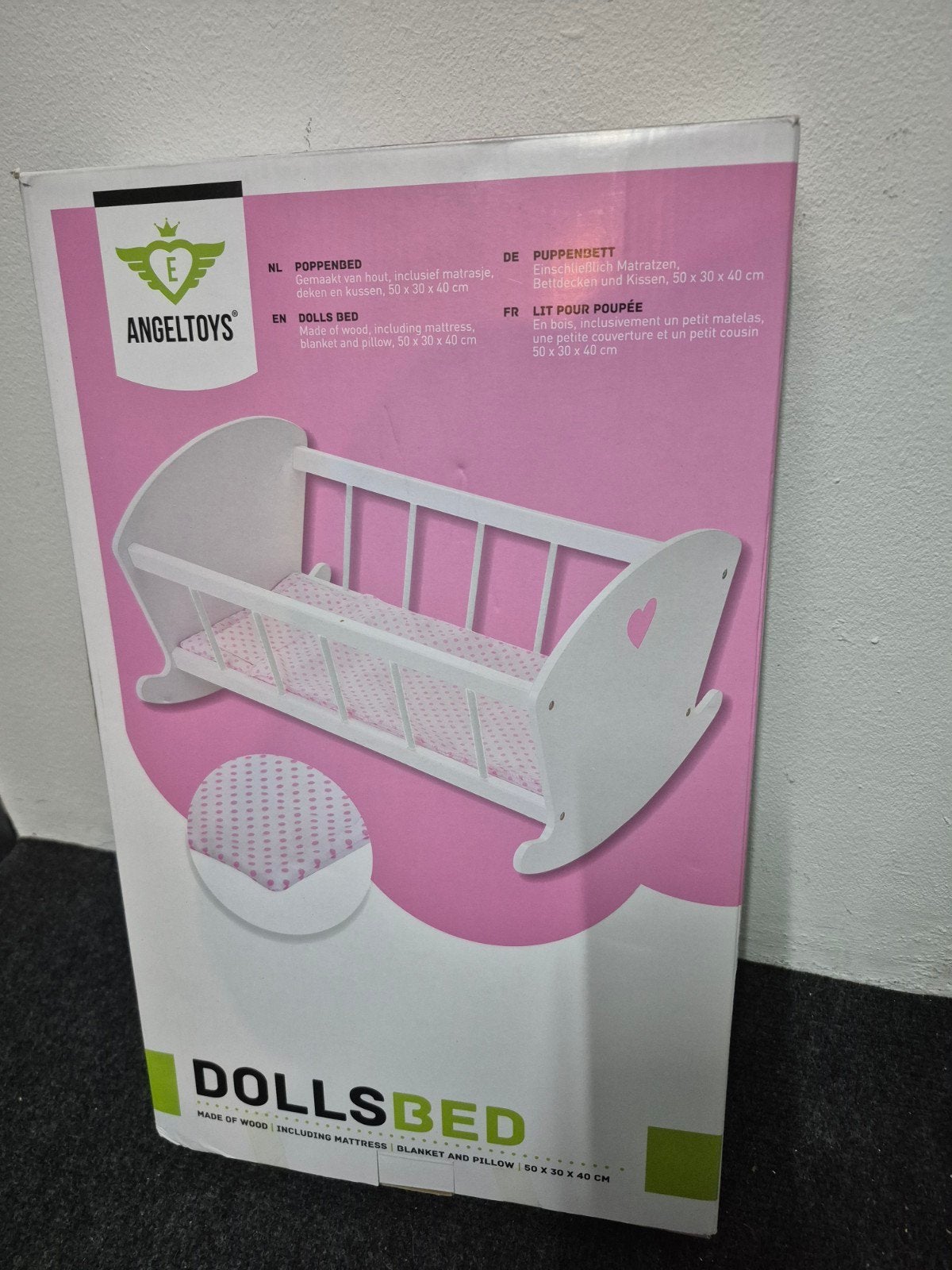 Angel Toys Poppenbed Hout met Matrasje, Deken, Kussen, Ophalen, Nieuw, Overige typen
