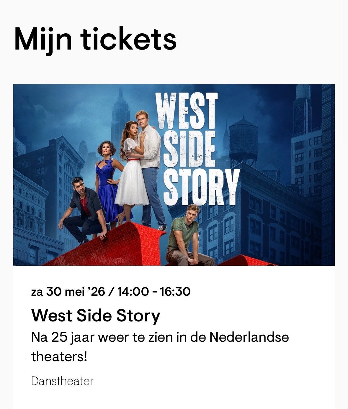 2 eerste rang tickets West Side Story bij Amare, Tickets en Kaartjes, Twee personen, Mei, Toneel