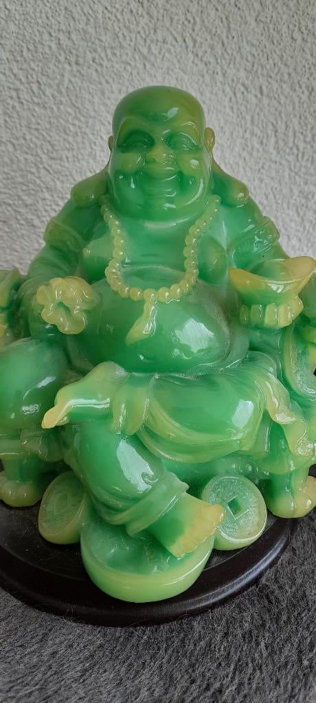 Budha beeld jade kleur kunsthars jade kleur 18cm x 17 cm, Verzenden, Zo goed als nieuw