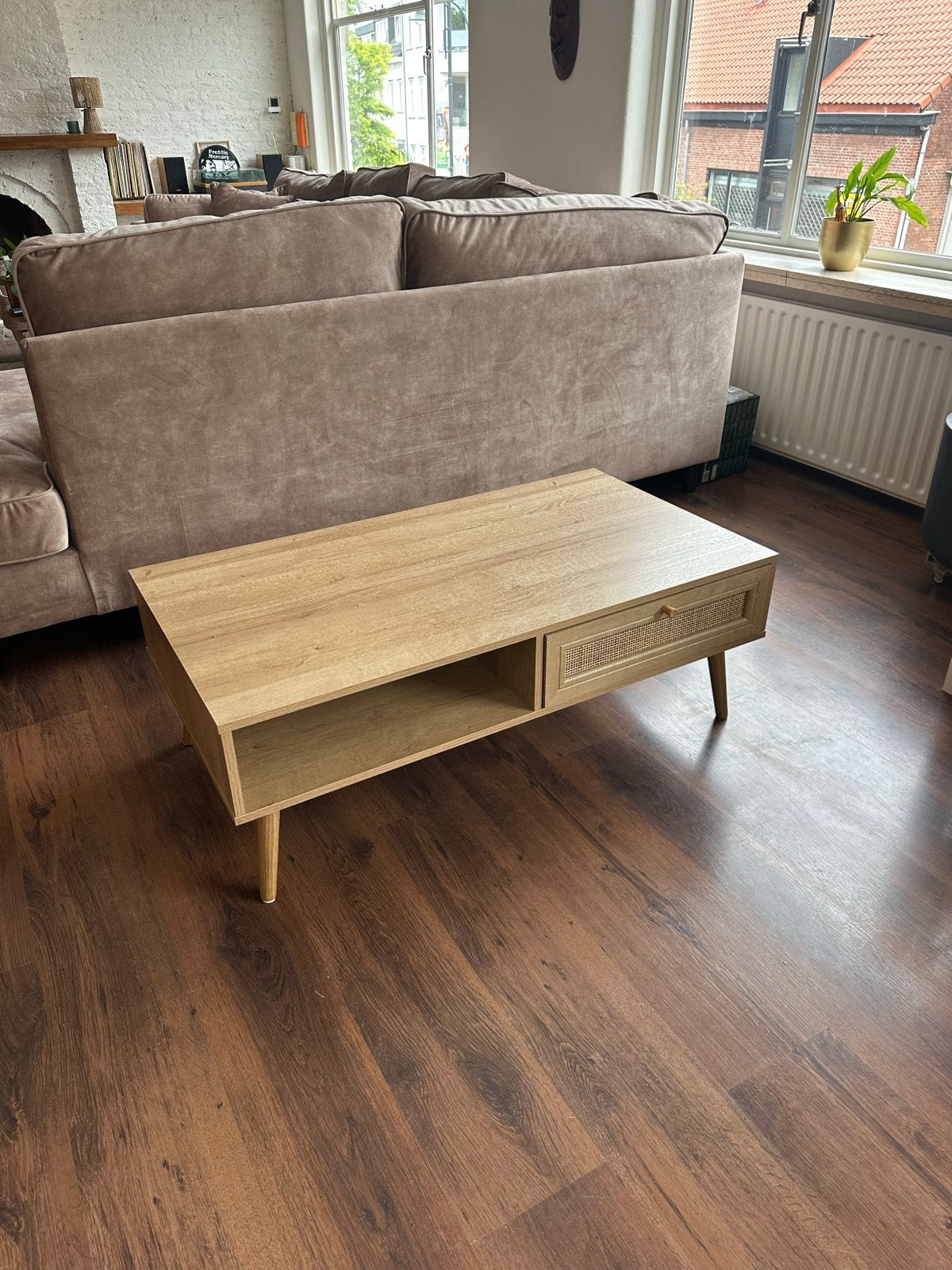 Houten Salontafel webbing 110x59x39cm - Zo goed als nieuw, 100 tot 150 cm, Zo goed als nieuw, Rechthoekig, Overige houtsoorten