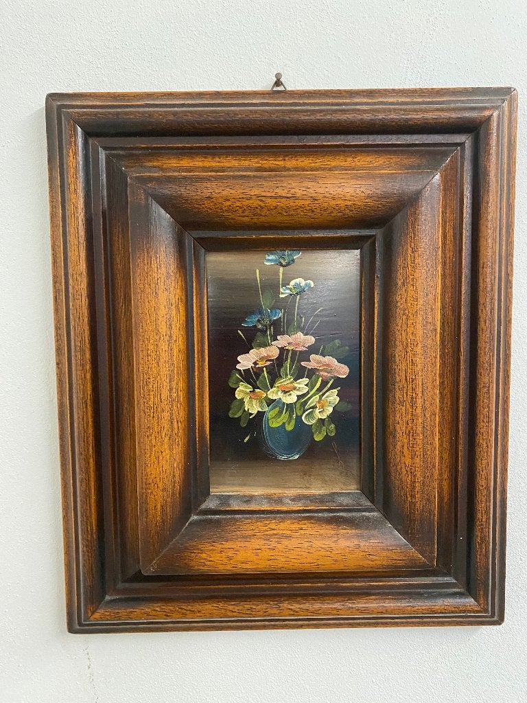 Nostalgisch olieverfschilderij bloemen in lijst (25x35 cm), Antiek en Kunst, Overige ondergronden, Bijzondere lijst, Olieverf