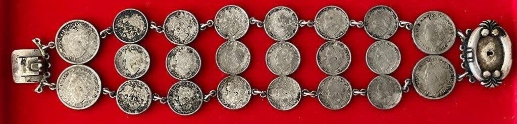 Armband met 18 dubbeltjes en 4 kwartjes Wilhelmina, Ophalen, Koningin Wilhelmina, 10 cent, Setje