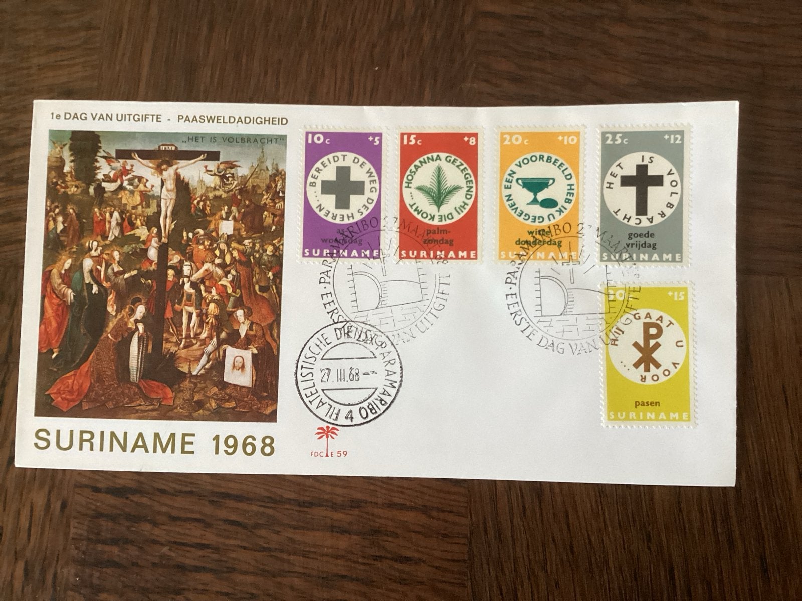 Suriname 1968 Eerste Dag Uitgifte Paasweldaadigheid, Ophalen of Verzenden, Overige landen, Gestempeld