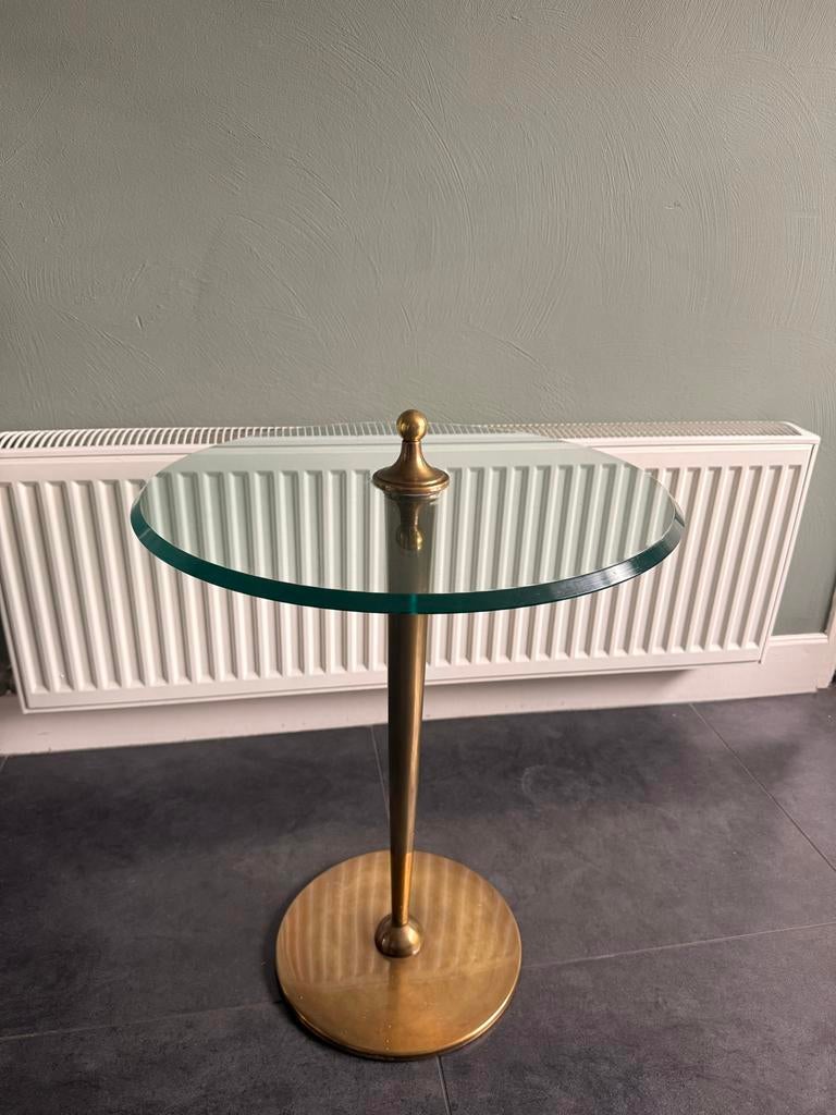Vintage messing bijzettafel / zuiltafel met glazen blad, Huis en Inrichting, Tafels | Bijzettafels, Ophalen, Minder dan 55 cm