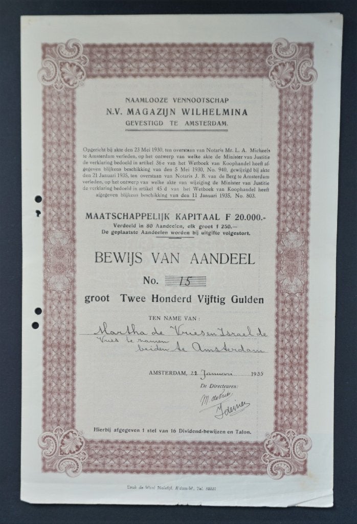 Magazijn Wilhelmina (Kleding) - Amsterdam 1935, Verzenden, 1920 tot 1950, Aandeel