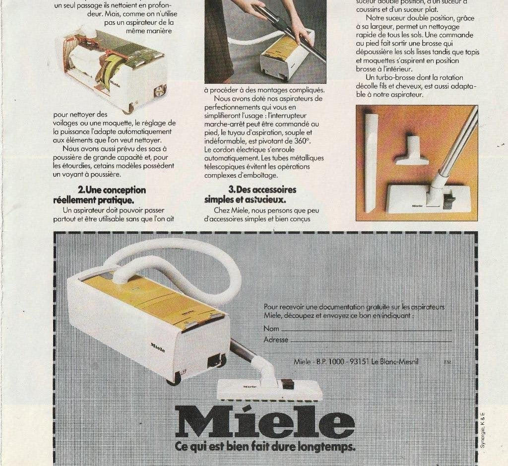 Retro reclame 1977 Miele stofzuiger geel met wit, Verzamelen, Verzenden, Overige typen