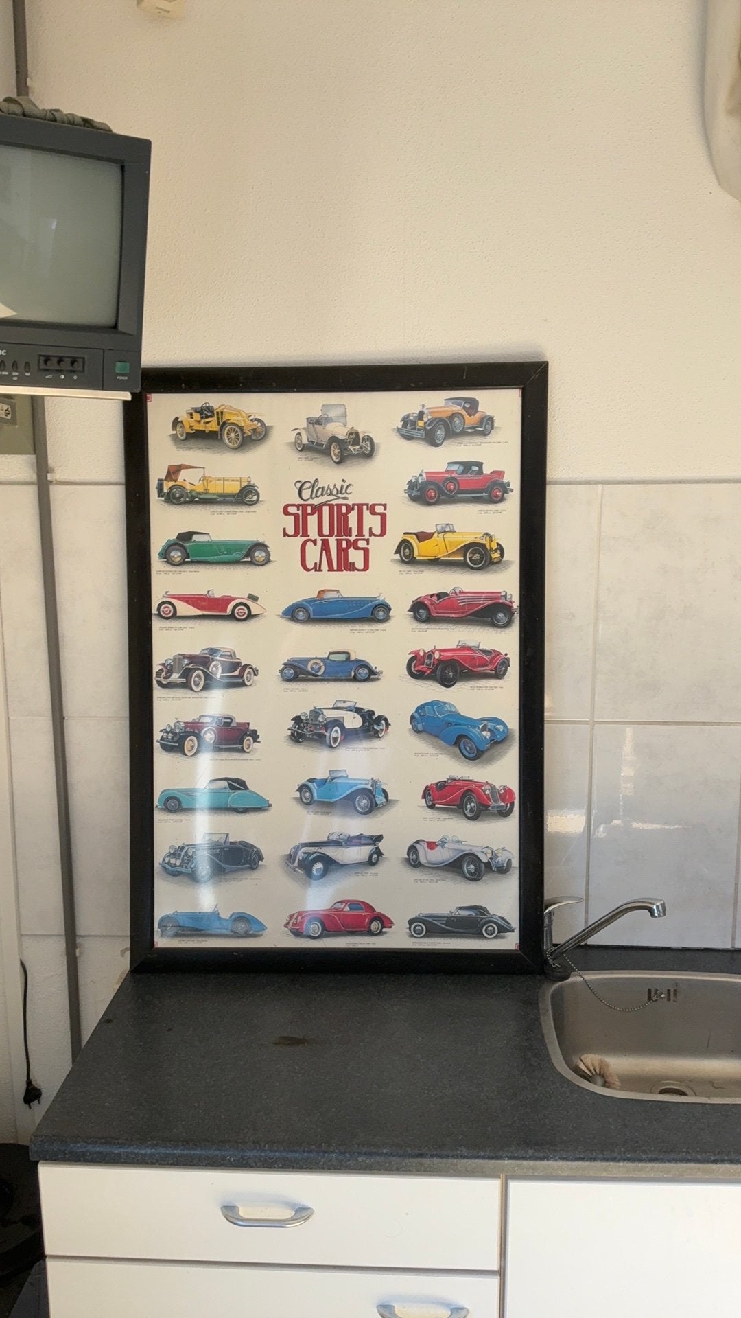 Poster met lijst antieke sportcars, Verzamelen, Posters, Ophalen, Met lijst, Deurposter of groter, Overige onderwerpen