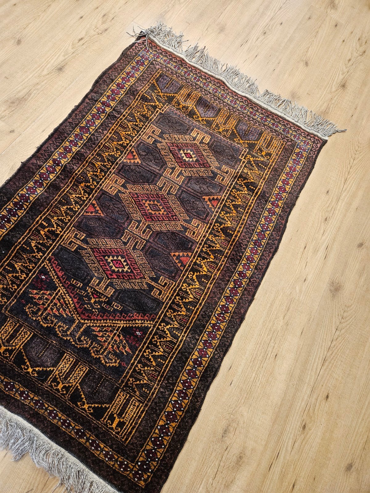 Vintage handgeknoopt perzisch tapijt beloutch 148x88, Info@SlatsAntiek.nl, Tweedehands, 100 tot 150 cm, Geel
