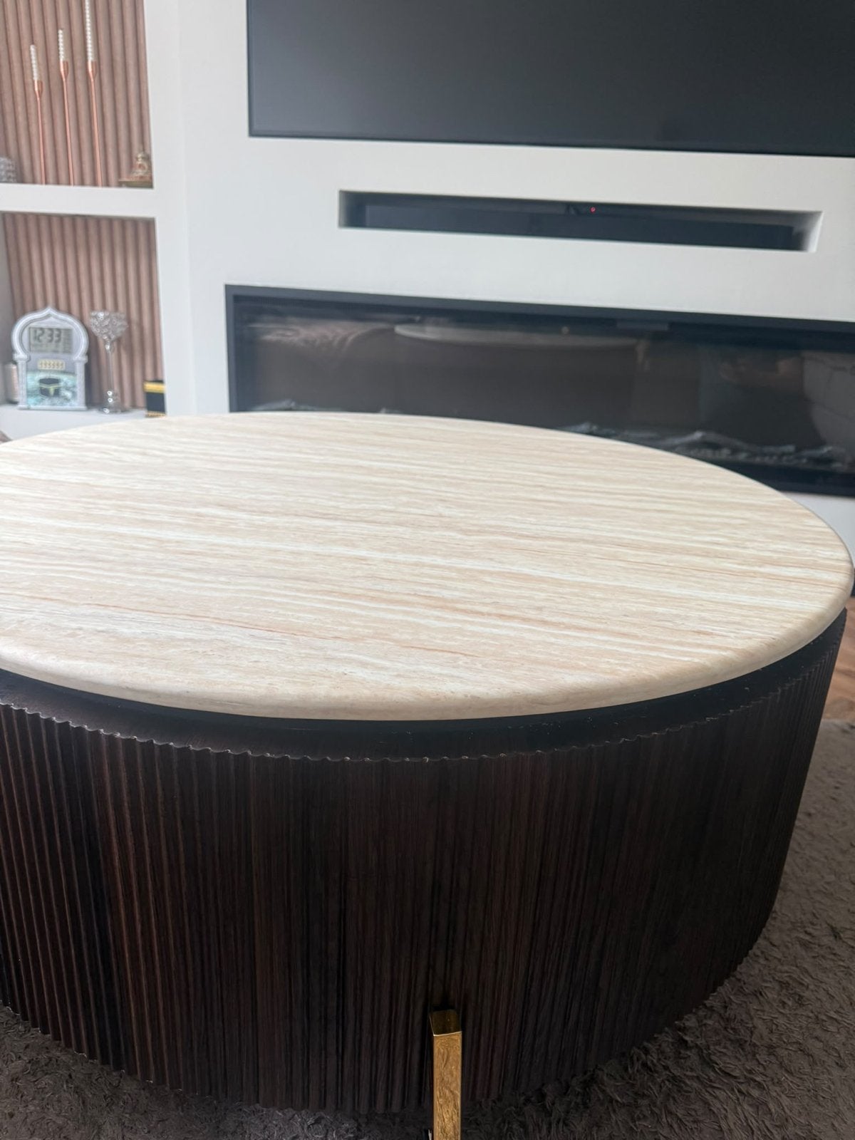 Salontafel met marmeren blad en wielen, Huis en Inrichting, Ophalen, Gebruikt, Rond, Overige materialen