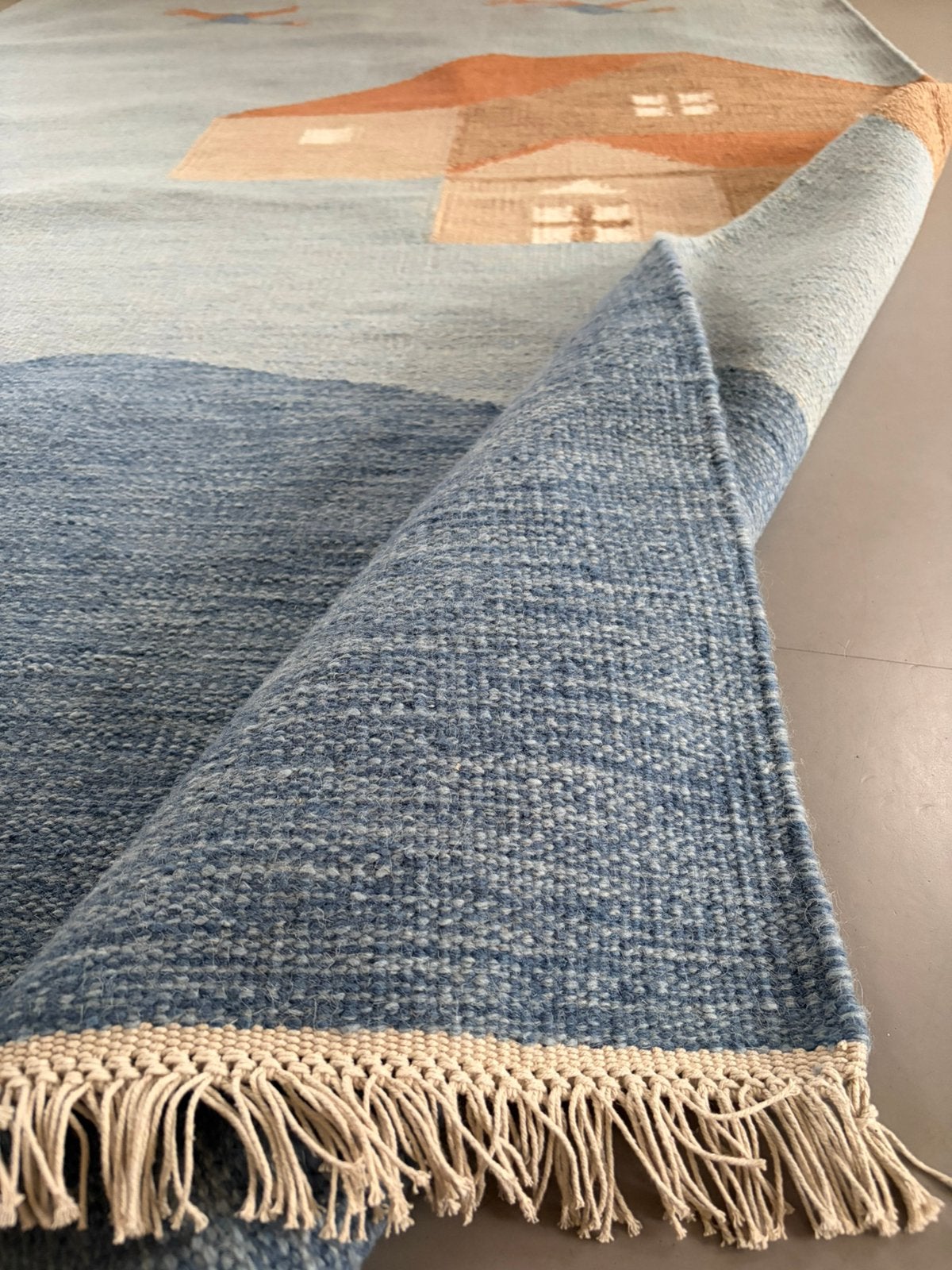 Handgeweven wollen rollakan vloerkleed“Swedish landscape”, 100 tot 150 cm, Geen, Scandinavisch, Ophalen of Verzenden