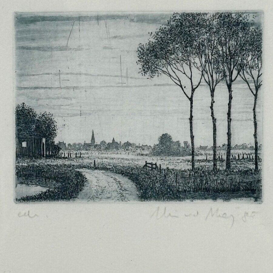 Wim van der Meij (1949)Weggetje met dorp in de verte, Antiek en Kunst, Ophalen of Verzenden, Landschap, Ets, Gesigneerd