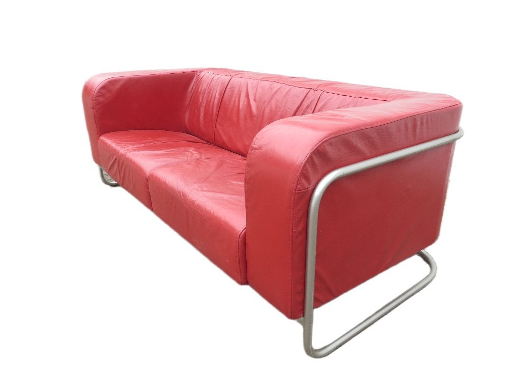 Harvink 2,5-zits designbank – Rood topkwaliteit leer, Ophalen, Gebruikt, 150 tot 200 cm, Tweepersoons