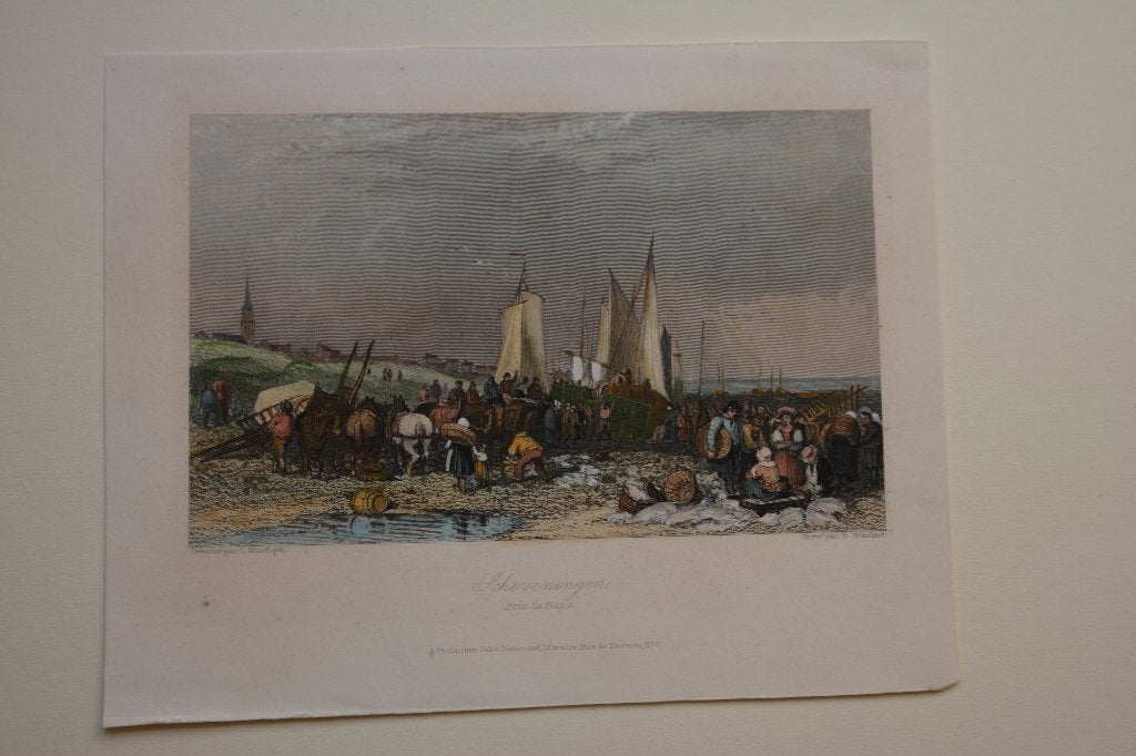 SCHEVENINGEN VISSERSSCHEPEN STRAND Staalgravure ca.1860 E95, Antiek en Kunst, 1800 - 1899, Verzenden, Stadsgezicht, 9 cm