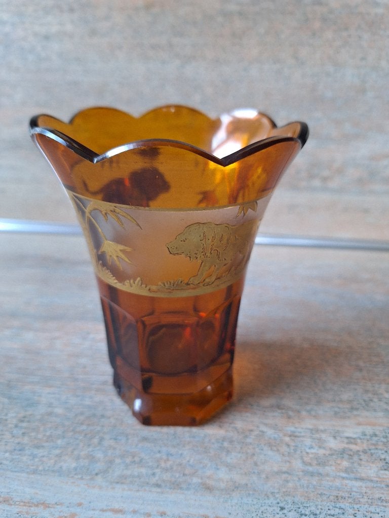 Vintage Amberkleurige Glazen Vaas met Leeuwen en Palmbomen, Ophalen
