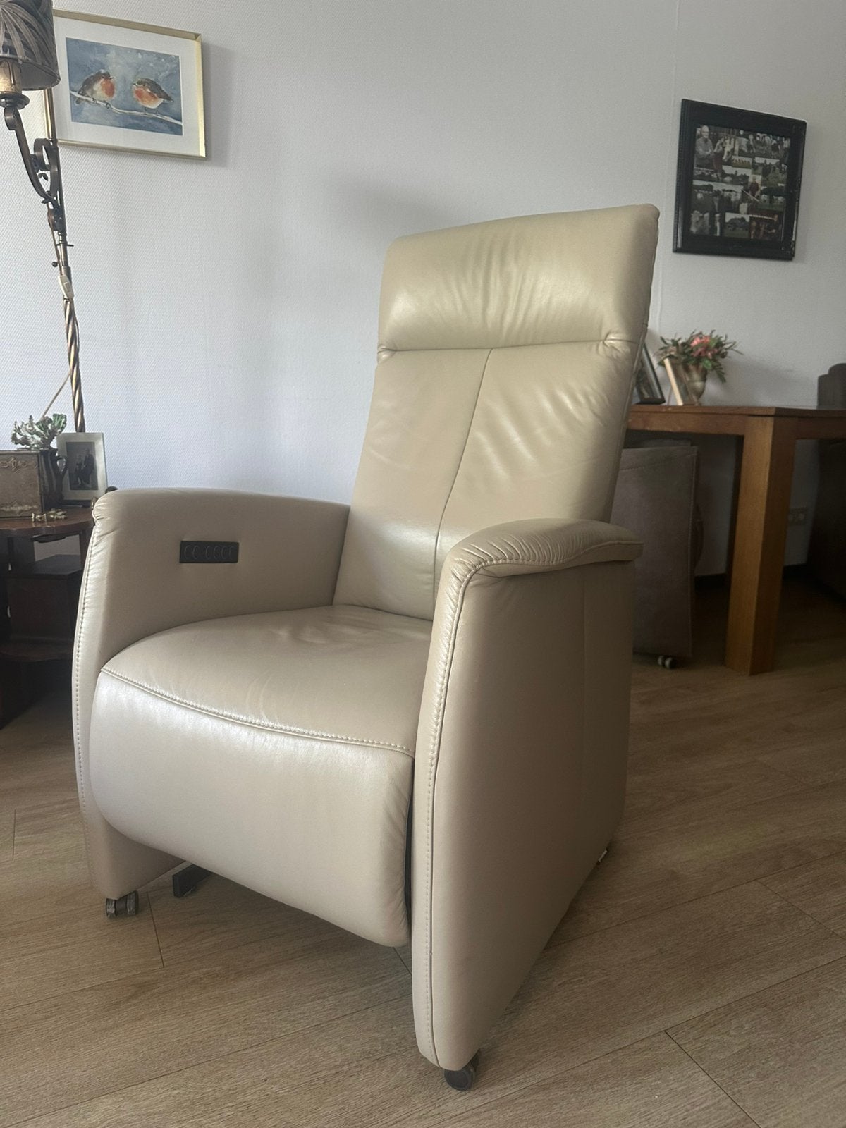 prominent Sta-op leder fauteuil / stoel, type Toscana, Ophalen, Zo goed als nieuw, 50 tot 75 cm