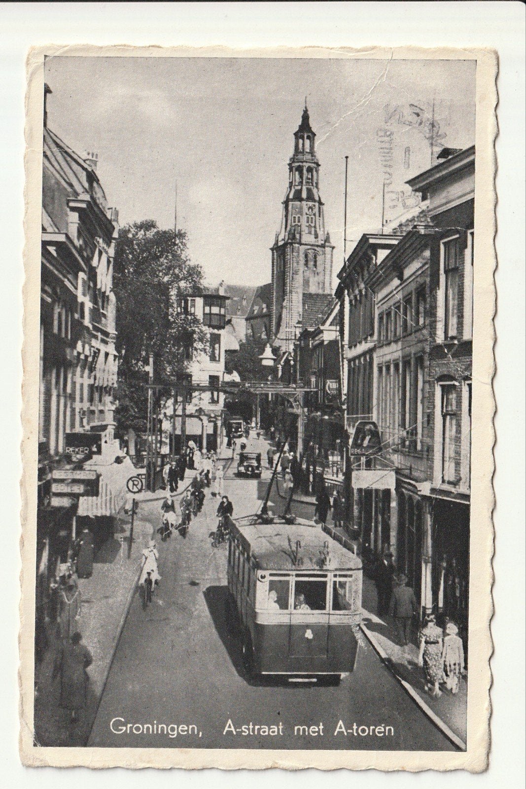 GRONINGEN A-STRAAT MET A-TOREN OUDE TROLLEYBUS NR. 4 WINKELS, Ophalen of Verzenden, 1940 tot 1960, Gelopen, Groningen
