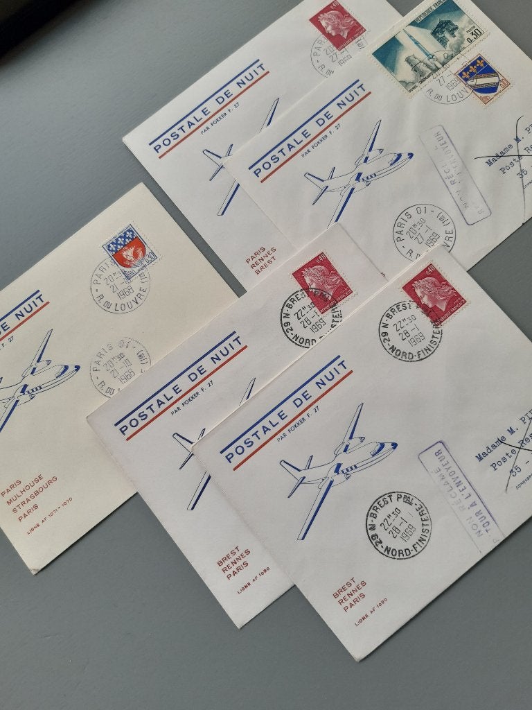 Frankrijk, nachtpostvluchten per F/27, 4 stuks, samen € 4,=, Ophalen of Verzenden, Envelop