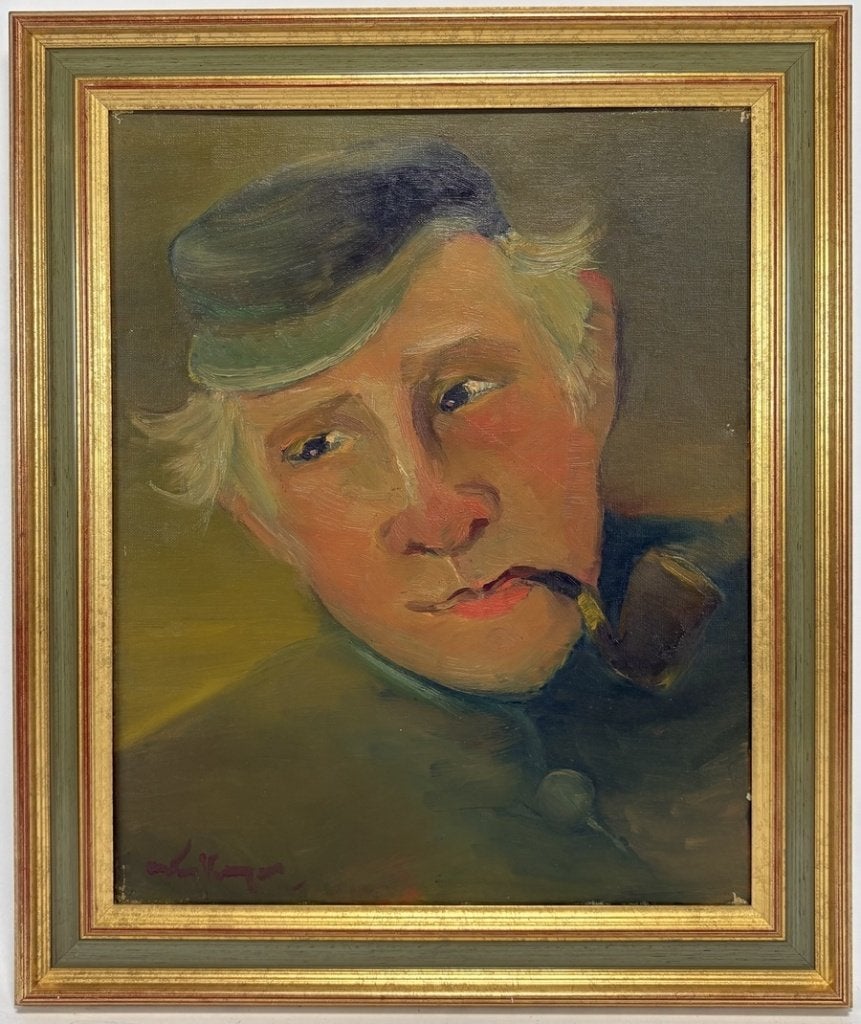 936. Olieverfschilderij – portret van man en pijp, 20e eeuw, Doek, Portret of Personen, Expressionistisch, Ophalen of Verzenden