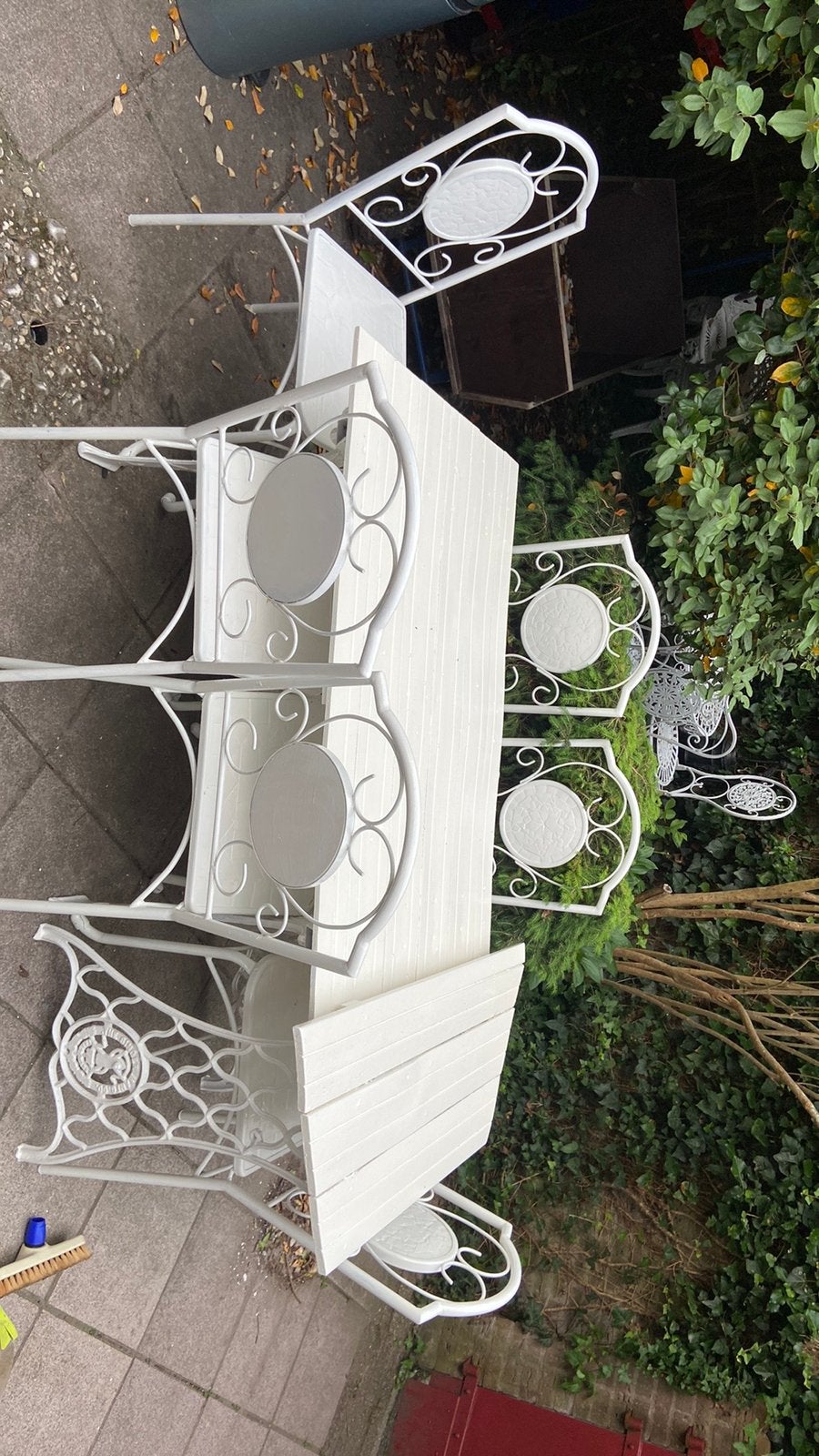 6 persoons tuinset gietijzer tuin set tafel stoelen wit, Ophalen, Zo goed als nieuw, Overige materialen