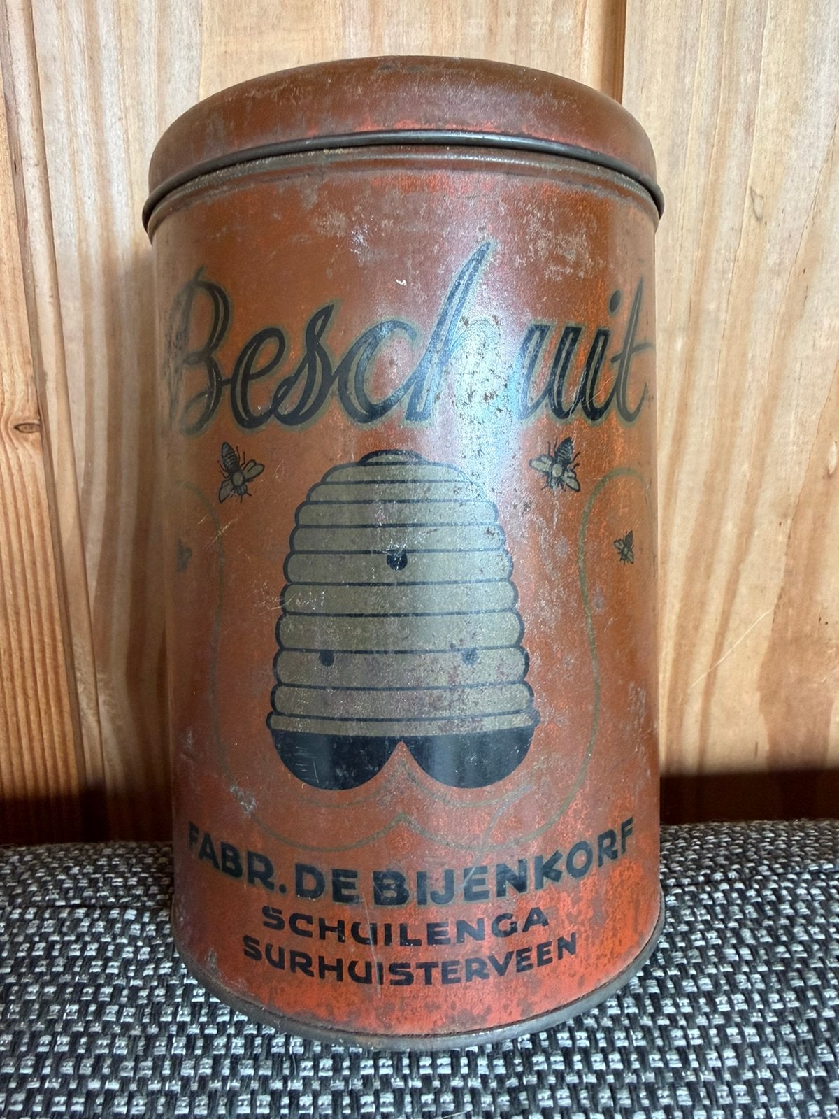 Vintage beschuitblik bijenkorf, Verzamelen, Blikken, Ophalen, Gebruikt, Overige, Overige merken