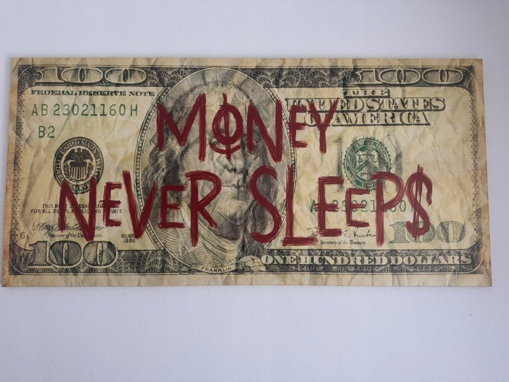Money never sleeps, Ophalen, Overig onderwerp, Zeefdruk, Op houten frame