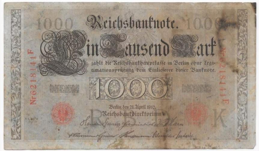 1000 Mark 1910 Reichsbanknote; two red seals  41F, Verzenden, Duitsland, Los biljet