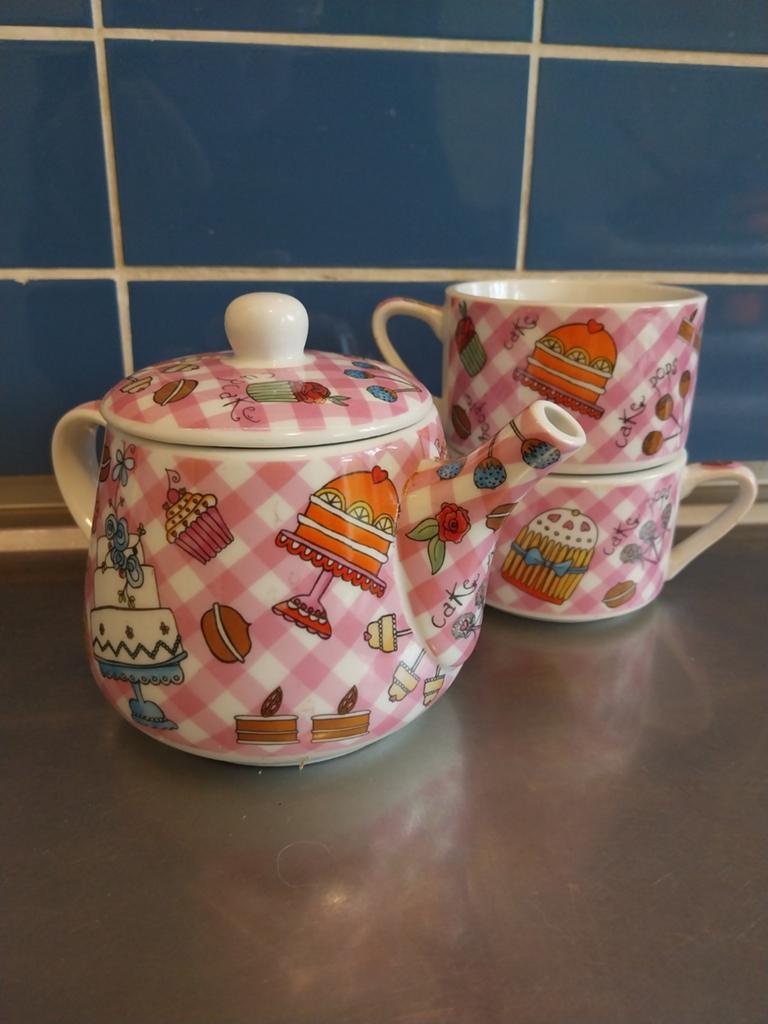 Roze ruit theeservies met gebak print, Nieuw, Ophalen of Verzenden, Glas, Overige stijlen