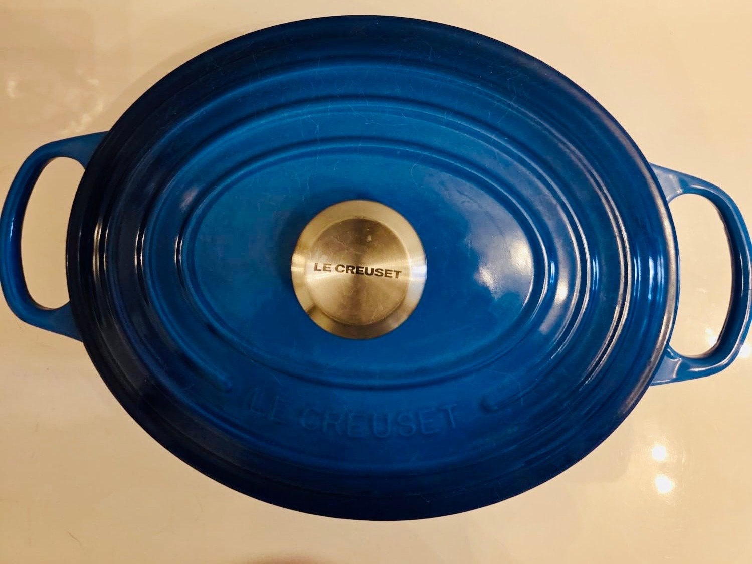 Le Creuset ovale braadpan 29 cm azure - licht gebruikt, Huis en Inrichting, Keuken | Potten en Pannen, Ophalen, Met deksel, Le Creuset