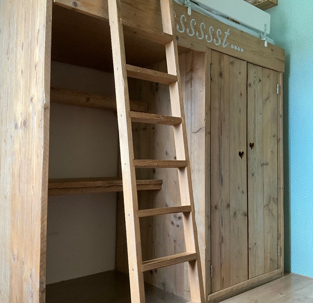 steigerhouten hoogslaper met bureau en kast + extra kast, Huis en Inrichting, Slaapkamer | Bedden, Ophalen, Gebruikt, 90 cm, Eenpersoons
