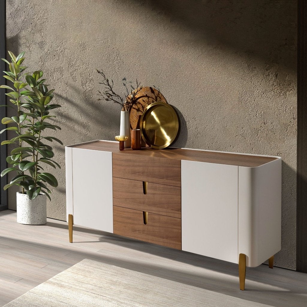 Luxe design dressoir walnoot beige goud 180 cm, Huis en Inrichting, Kasten | Dressoirs, Met deur(en), Verzenden, 150 tot 200 cm
