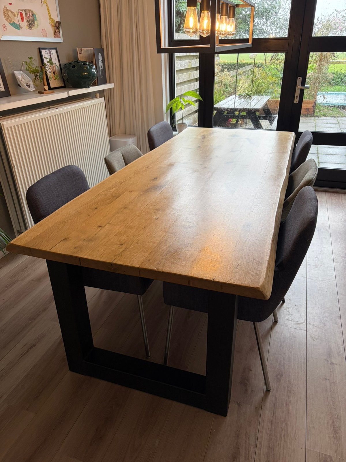 Massief eikenhouten eetkamertafel inc 6 stoelen, Ophalen, Gebruikt, Eikenhout, 200 cm of meer
