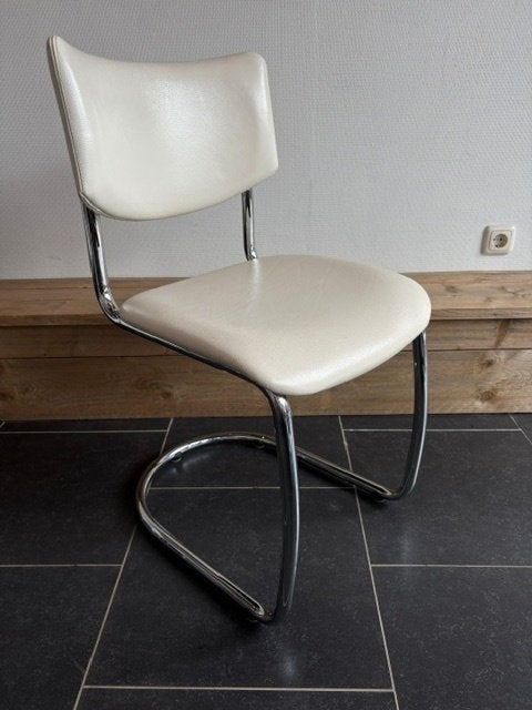6 Dutch Originals Gispen GT1001, chroom , roomwit leder, Wit, Design, Zo goed als nieuw, Vijf, Zes of meer stoelen