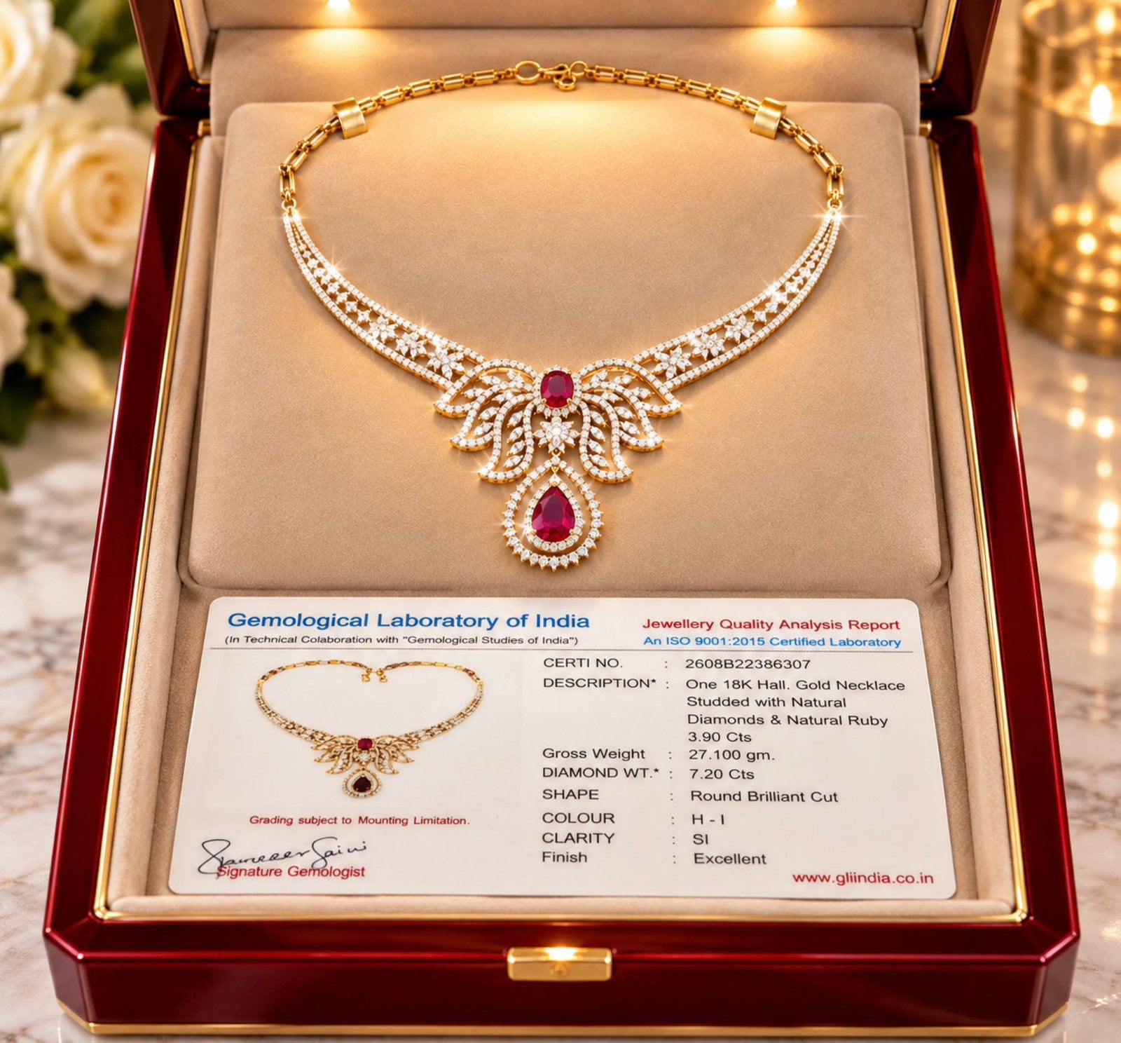 Collier  goud met diamanten en robijnen, Ophalen of Verzenden, Nieuw, Goud