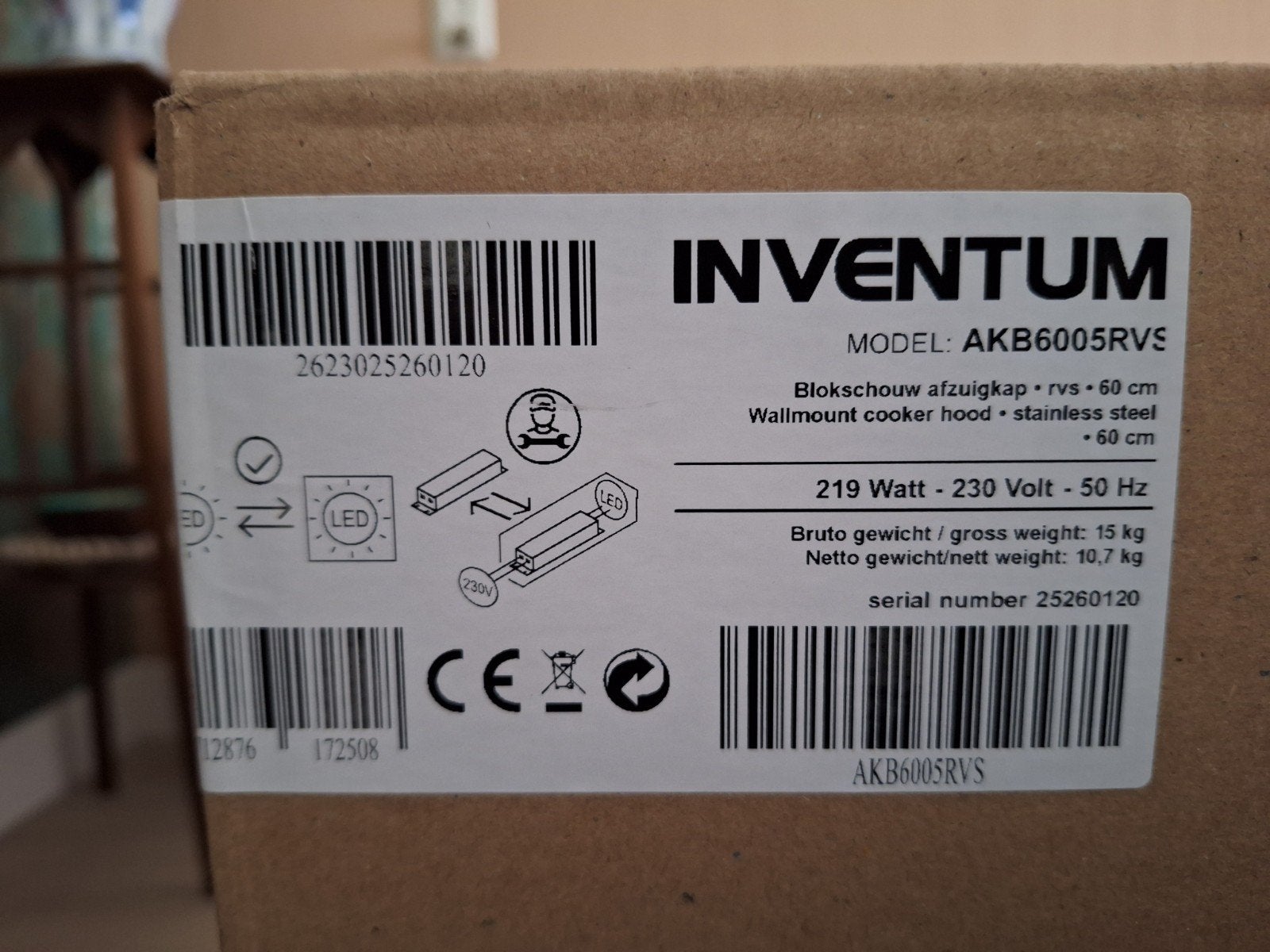 Inventum AKB6005RVS Platte Wandschouw Afzuigkap 60 cm, Ophalen, Wandschouwkap, Motor, Nieuw