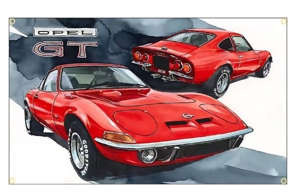OPEL GT BANNER ROOD EN BLAUW GEEL 60X90 CM BEV. OGEN, Ophalen of Verzenden, Nieuw, Opel, Motorkap