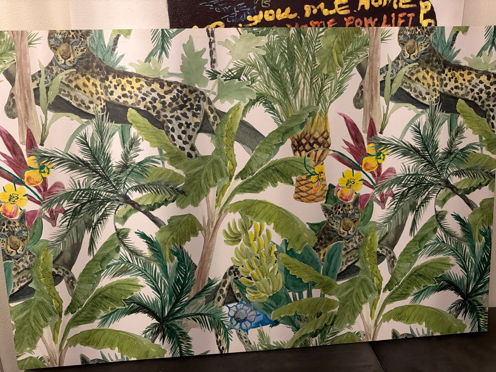 Groot canvas schilderij met luipaarden en jungle, 115x75cm, Ophalen, Zo goed als nieuw, Schilderij, 100 tot 125 cm