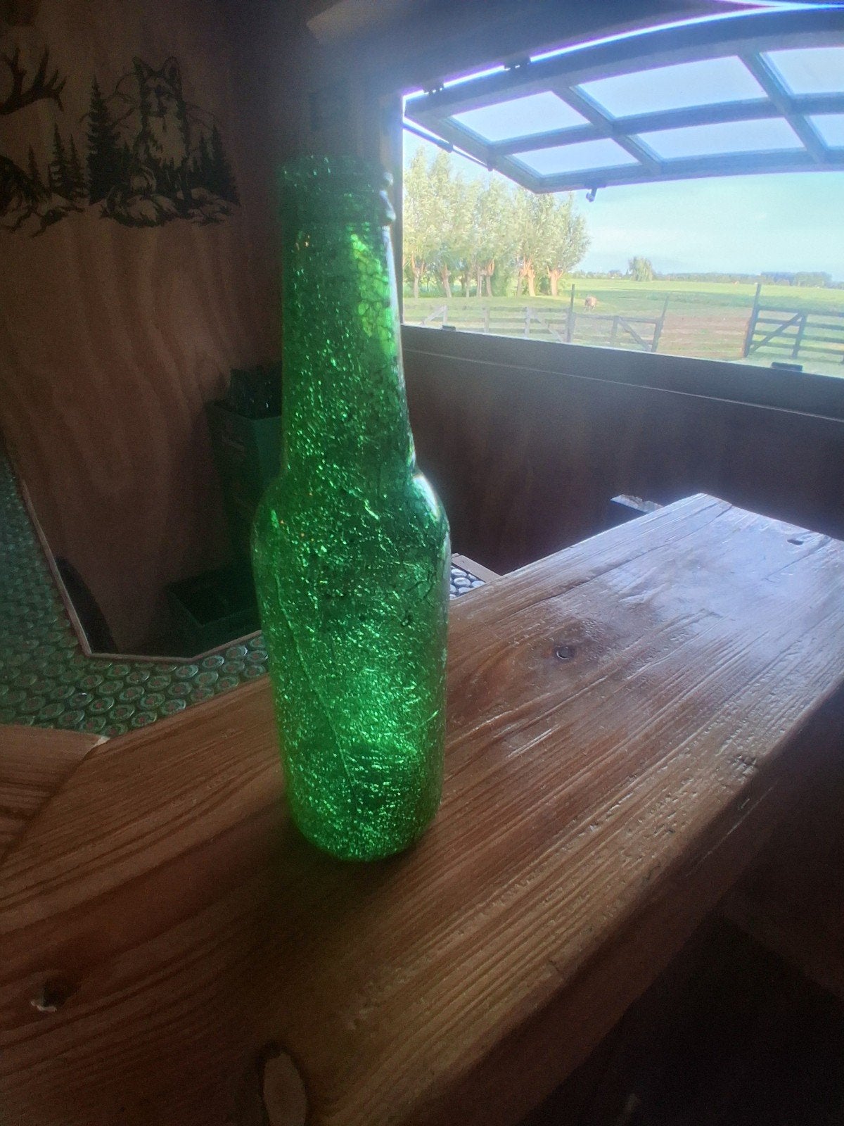 Decoratieve kunst met vuurgescheurde Heineken fles, 17 cm, Object, Handgemaakt, Groen