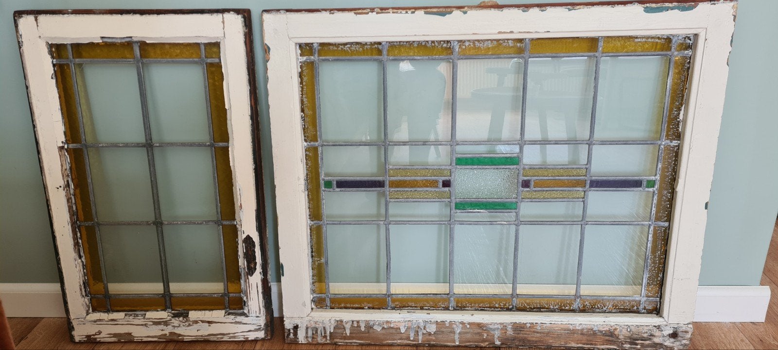 Antieke glas in lood ramen, Gebruikt, Raamkozijn, Minder dan 75 cm, Hout