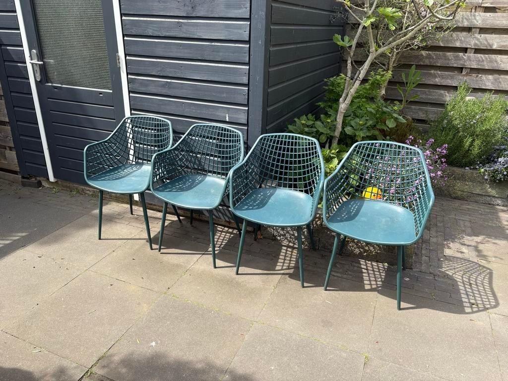 4x Groene tuinstoelen, kunststof,, Ophalen, Zo goed als nieuw, Kunststof