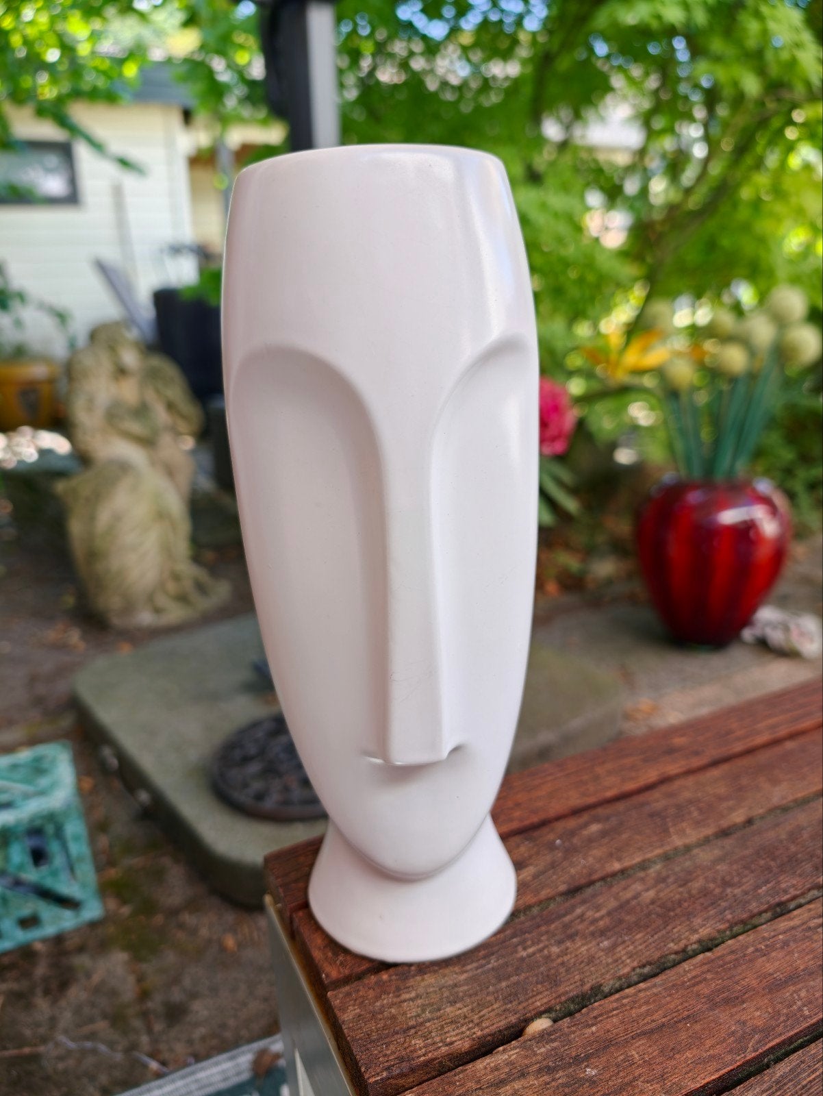 Art Deco Moai Keramiek Hoofd Vaas - Wit, Verzenden
