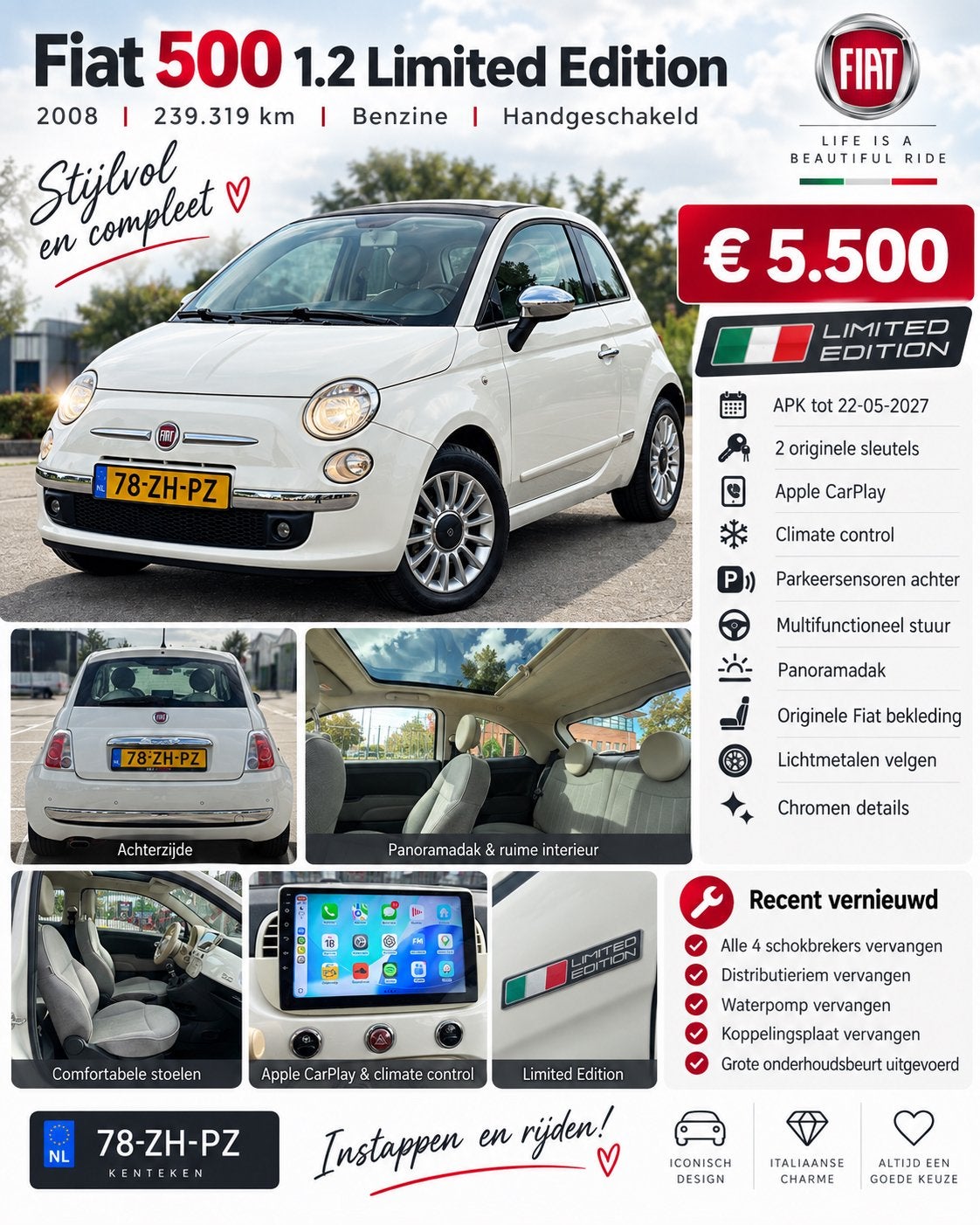 Fiat 500 1.2 Limited Edition | Panoramadak | Apple CarPlay, Voorwielaandrijving, Stof, 4 cilinders, 840 kg