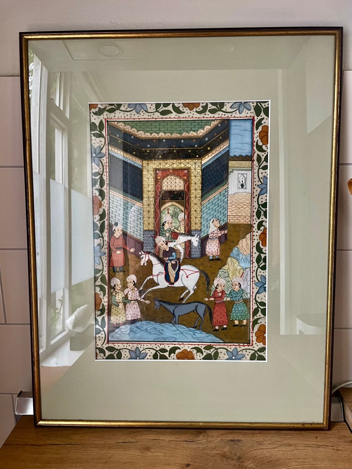 Grote ‘miniatuur’ gouache uit India + gouden lijst 66x52, Ophalen