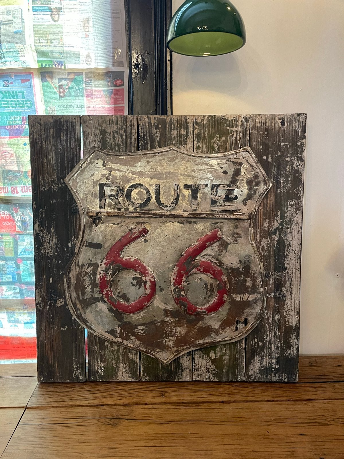 Robuuste Route 66 Muurdecoratie van Hout en Metaal, Gebruikt, Industrieel, Hout, Meerkleurig
