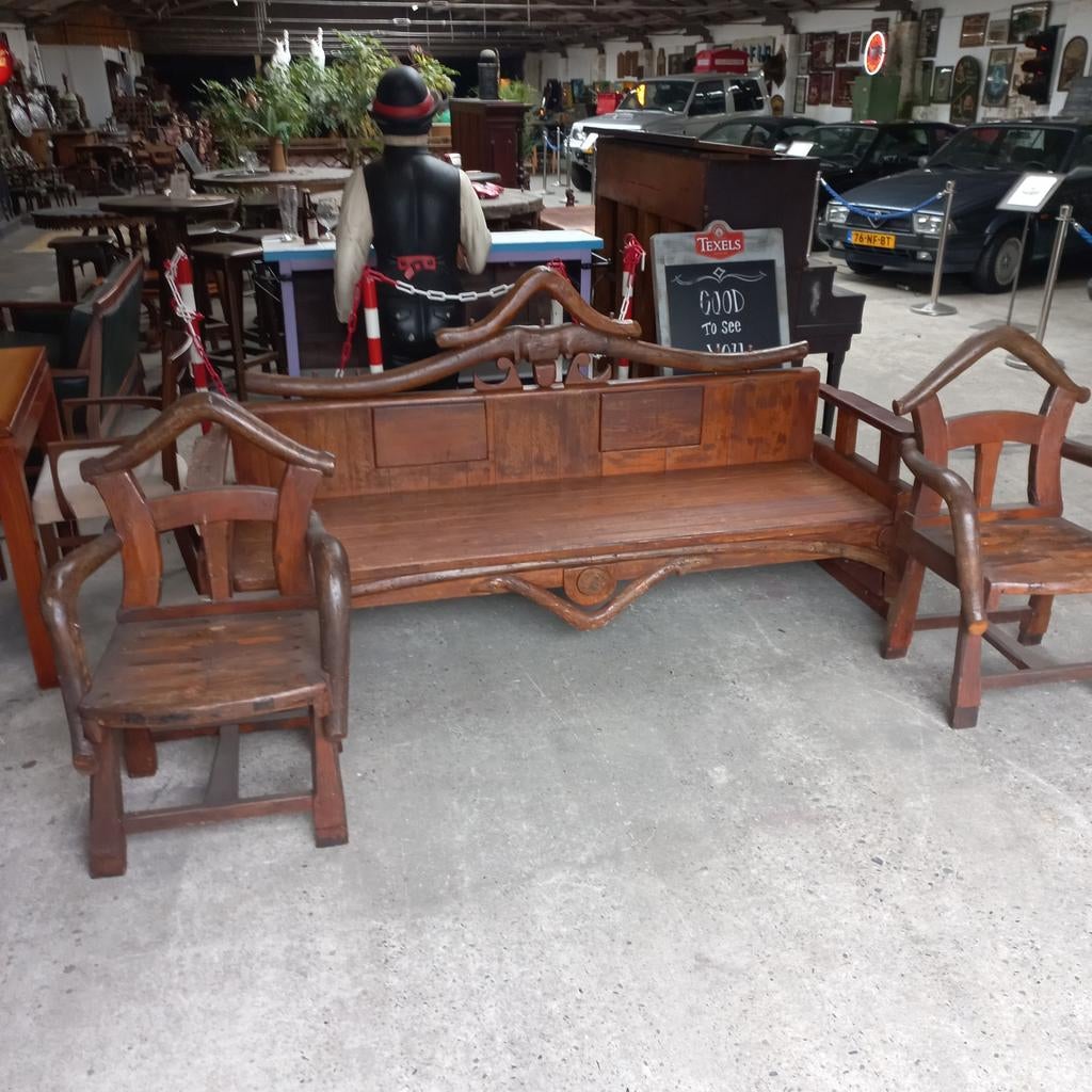Brutalist houten tuinstel tuinmeubelen, Antiek en Kunst, Curiosa en Brocante, Ophalen