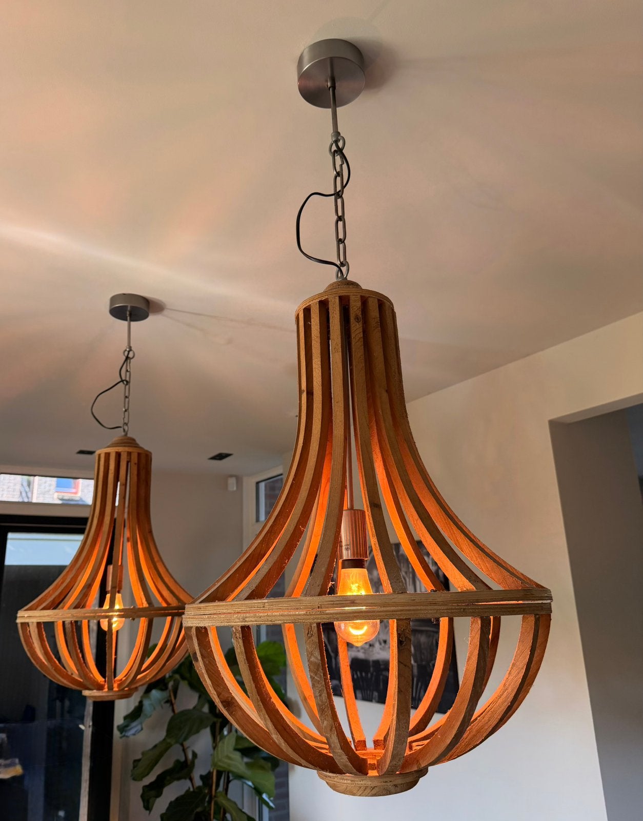 2 grote houten hanglampen Ø 50 cm – sfeervol, Ophalen, Gebruikt, Hout, E27 (groot)