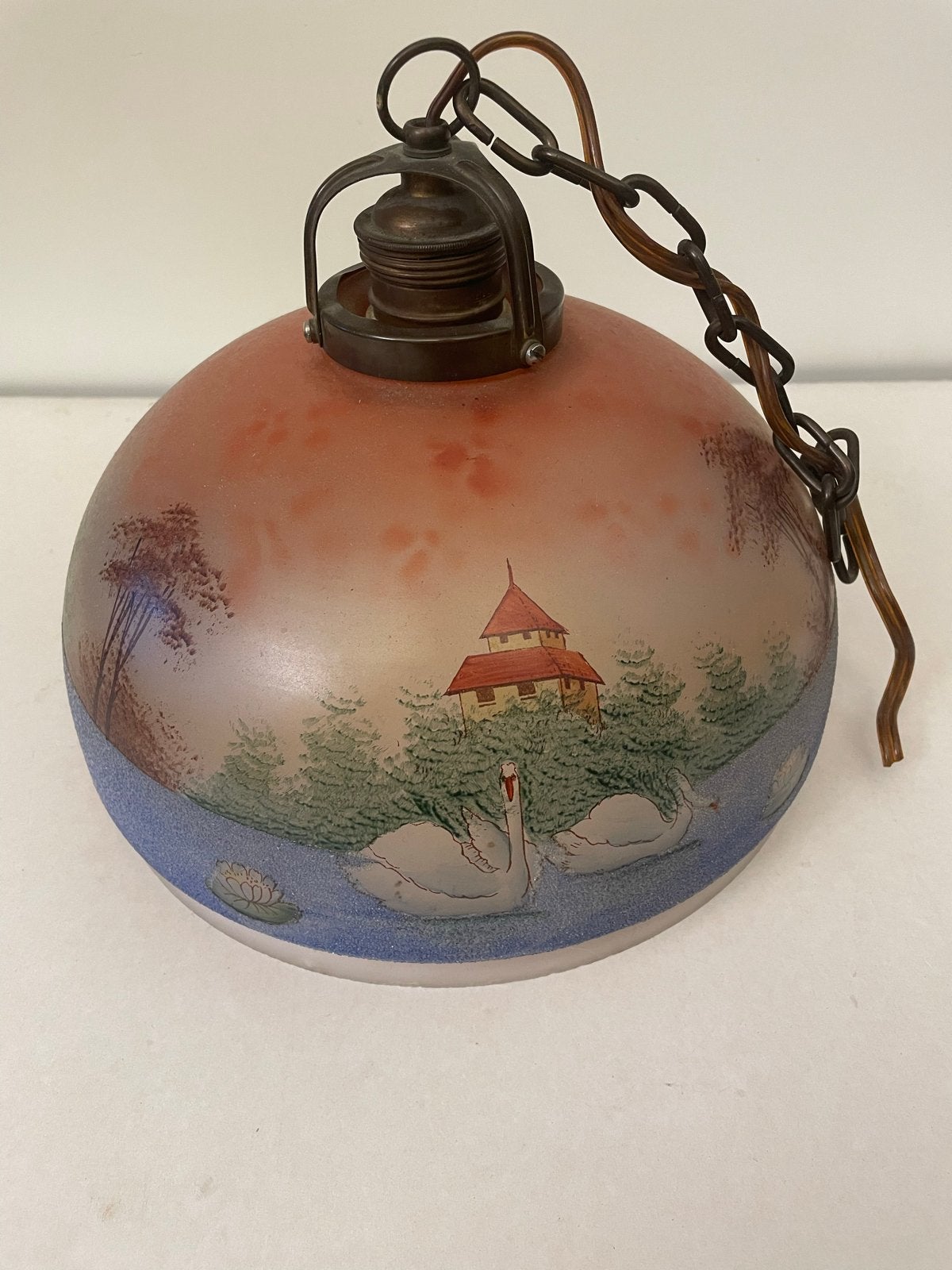 Antieke Art Deco Plafondlamp met Zwanen en Kasteel, Ophalen of Verzenden