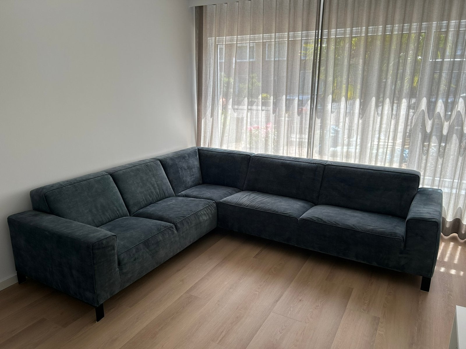 Hoekbank 3 delen blauw velours, Ophalen, Gebruikt, Stof