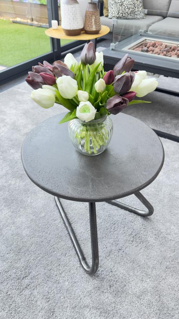4 Mooie bijzettafels met steen blad en metalen onderstel, Ophalen, Minder dan 55 cm, Rond, Zo goed als nieuw