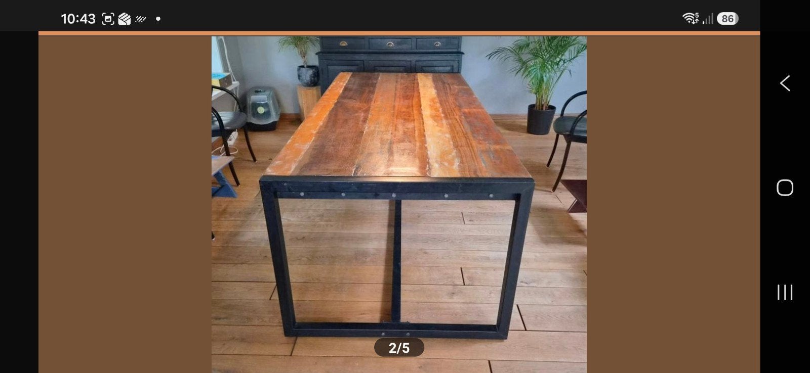 Ruime eettafel met houten blad en metalen onderstel, Gebruikt, Industrieel, robuust, 200 cm of meer, 50 tot 100 cm