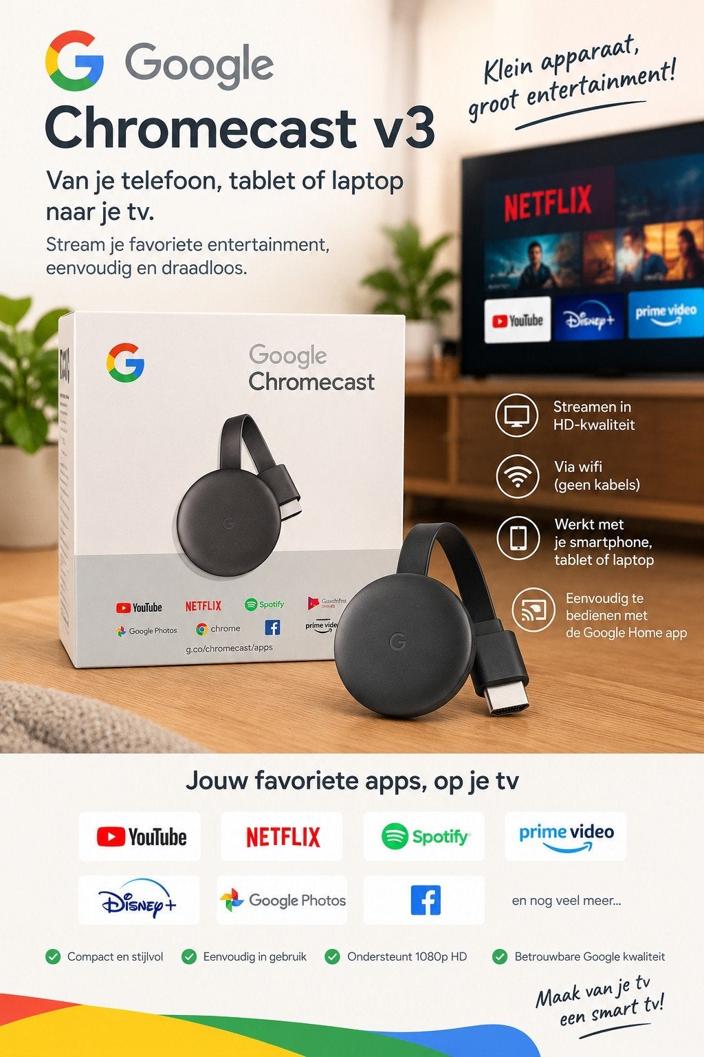 Google Chromecast v3 in originele doos, Ophalen of Verzenden, Zo goed als nieuw, HDMI, Zonder harde schijf